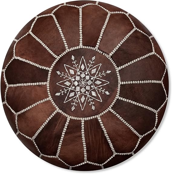 Poufs&Pillows Moroccan Leather Pouffe - Handmade - Delivered stuffed - Ottoman, leather footstool, floor cushion (Wood Brown)
