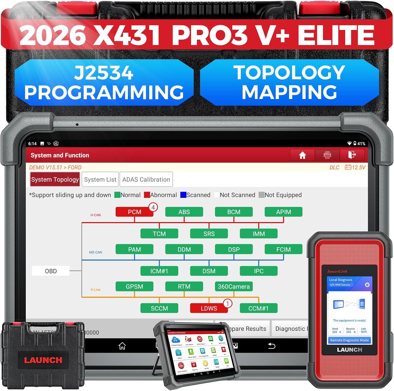 LAUNCH X431 PRO3 V Elite, 2025 SmartlinkC 2.0 Bidirectional Scan Tool with J2534, HD Trucks Scan, 10.1 inch, Topology Map, 60Service, Online Coding Scanner, CANFDDoIPD-PDU, FCA, 2 Yrs Update