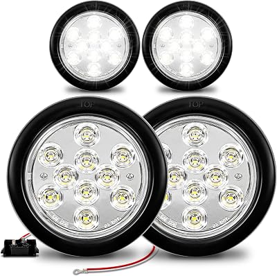 TRUE MODS 4pc 4 Round Clear White 10 LED Trailer Tail Lights [DOT FMVSS 108] [SAE 2R] [Grommet & Plug] [IP67 Waterproof] Reverse Back Up Boat Horse Trailer Lights for RV Semi Truck Flat Bed Camper