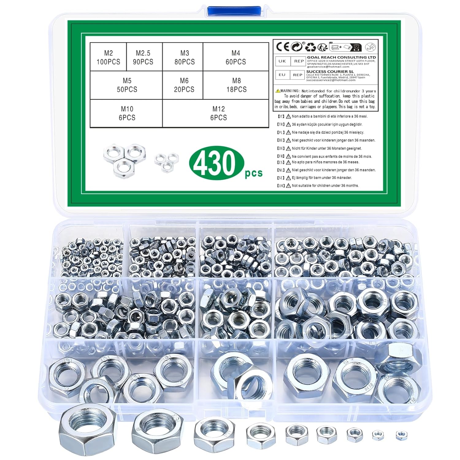 430 Pcs Hex Nuts Assortment Set, Self-Locking Nuts Set, Lock Nut, Carbon Steel Locknuts for Screws, Thread Hexagon Nut for Bolts, Anti-Loose Insert Nutss, M2 M2.5 M3 M4 M5 M6 M8 M10 M12