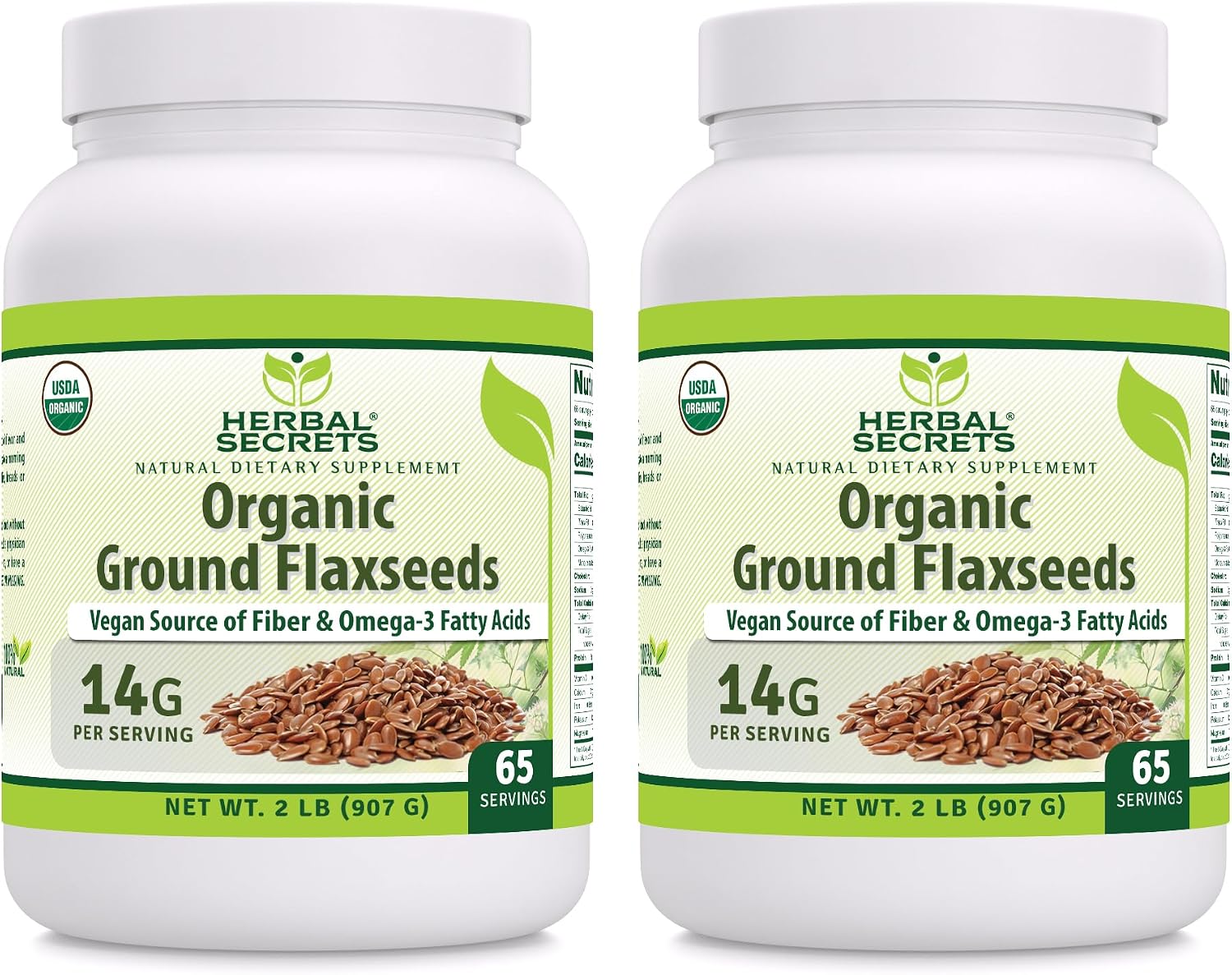 Herbal Secrets USDA Organic Ground Flaxseeds 2 Lbs Powder | 14 Grams Per Serving | 65 Servings | Excellent Vegan Source of Fiber & Omega -3 Fatty Acids | Non-GMO 2 Lb | 2 Pack