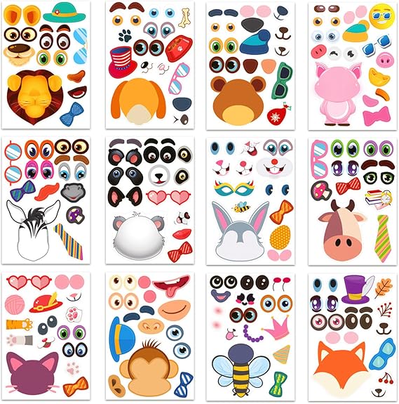 JSTHHTT 36 Pcs Multicolor Cartoon Animal Face Stickers for Children - Reusable, Indoor, Sticker Book