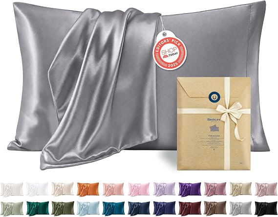 Bedsure Satin Pillowcases Queen Set of 2, Silky Pillow Cases, Dark Grey