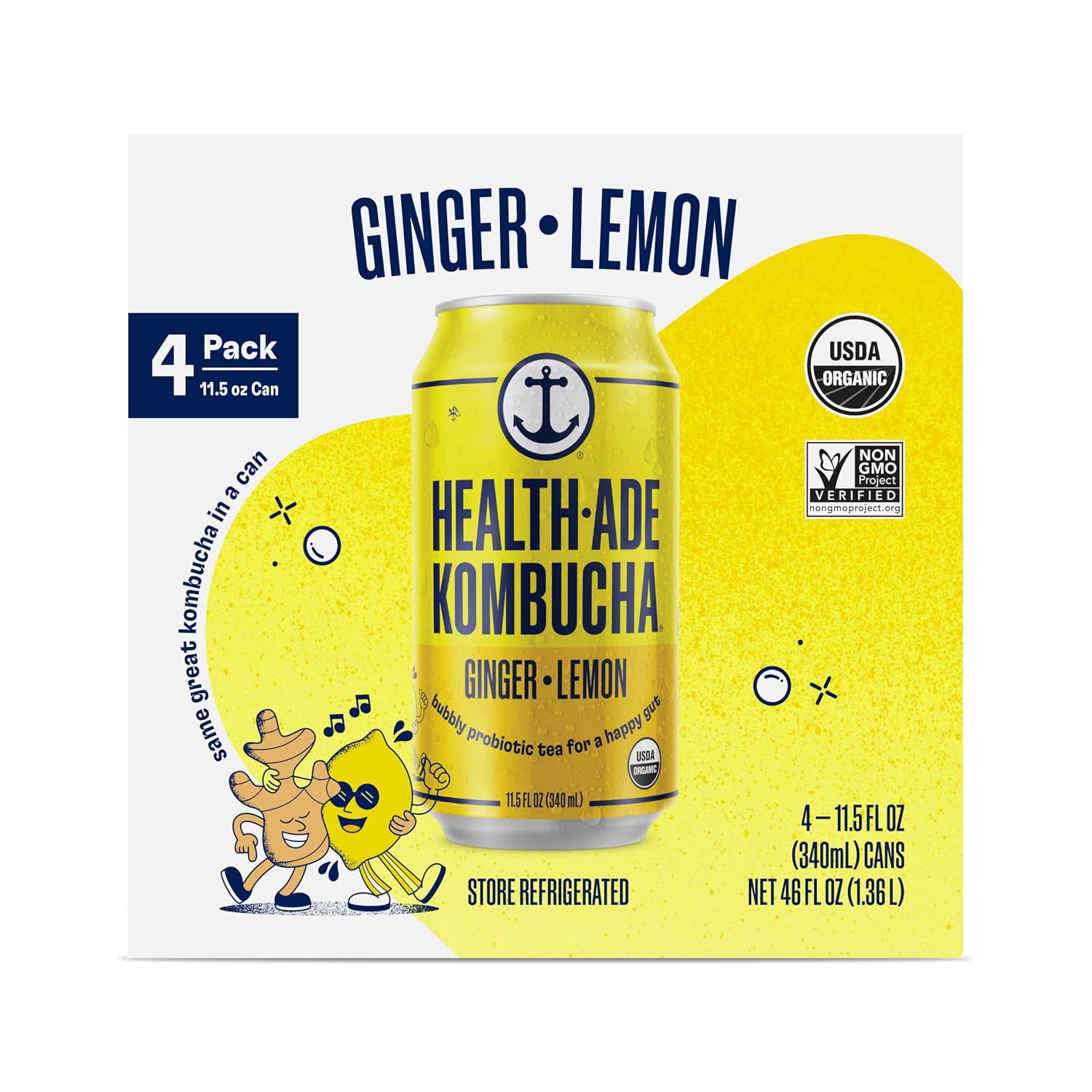 Health-Ade Ginger-Lemon Organic Kombucha, 11.5oz Cans 4-Pack