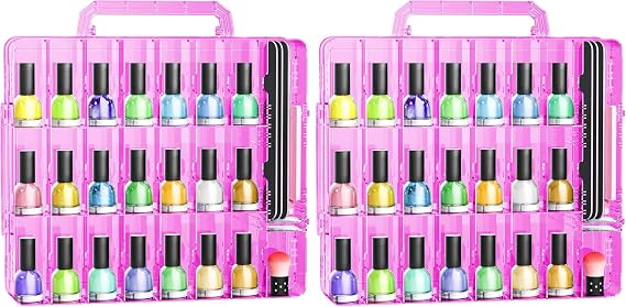 JIASHENG Nail Polish Organizer Case for 48 Bottles, Gel Nail Polish Storage Holder Double Side Adjustable Space Divider for Acrylic Nail Gel Dip Powder Tips Set with Two Toe Separator, Pink