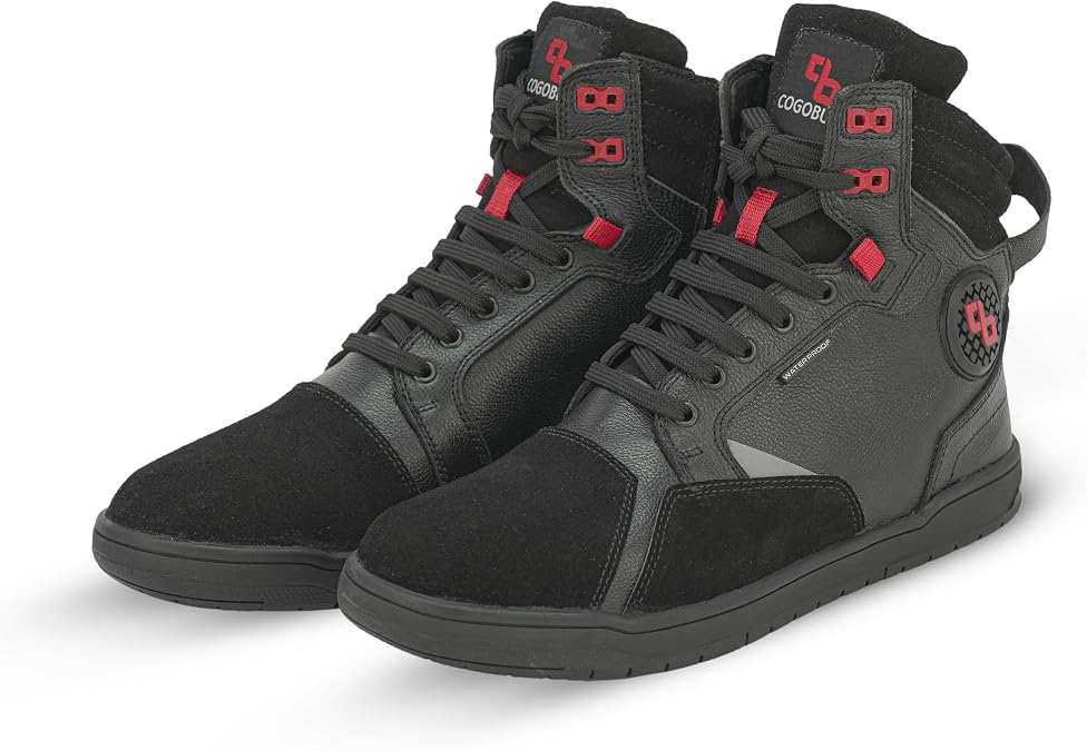 Leather Motorcycle Boots Men - Anti-slip Sole, Ankle Guard, Cow Milled Grain Leather, Black Motorcycle Boots Men
