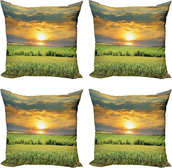 Lunarable Rustic Throw Pillow Cushion Case Pack of 4, Corn Field and Sunrise Summer Sky Natural Paradise Pasture Mourning View Picture, Modern Accent Double-Sided Digital Printing, 24", Yellow Green