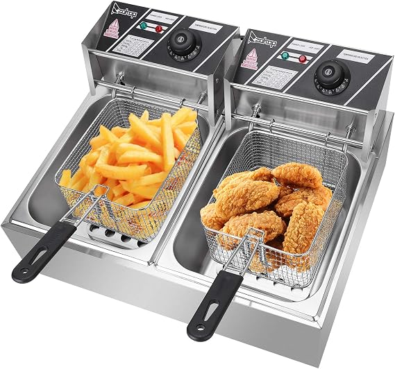 Electric Deep Fryer, 5000W MAX 110V 12.7QT/12L Stainless Steel Double Cylinder Electric Fryer with Basket &Lid for Commercial Restaurant Countertop Family Food Cooking