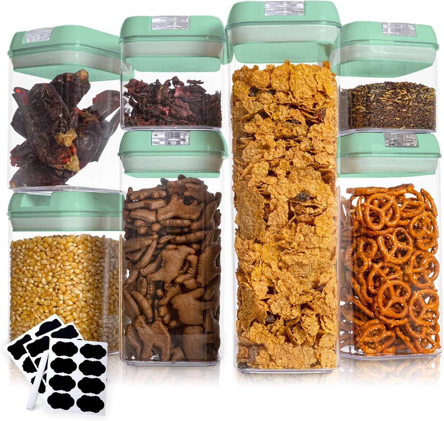 Cheer Collection チアコレクション 密閉食品保存容器 パントリー用キッチン保存容器 7個セット 密閉蓋付き パントリー保存容器 蓋付きオーガナイザー ミントグリーン