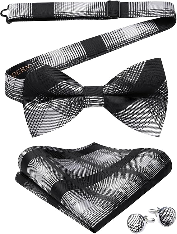 HISDERN Mens Plaid Bow Tie Set Pocket Square and Cufflinks Bowtie