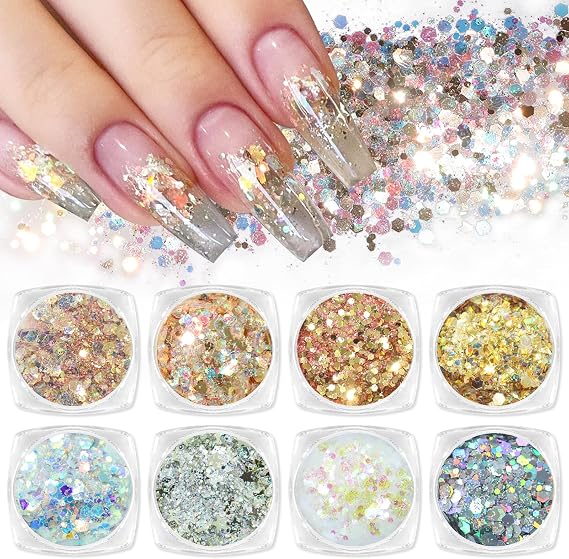 Laza 8 Colors Nail Art Glitter Diamond Dust Iridescent Nail Powder