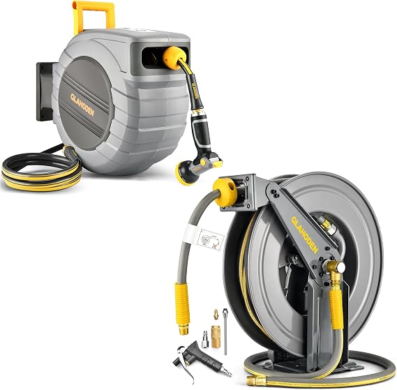 GLAHODEN Retractable Garden Hose Reel 5/8 in x 100 ft,Double Arm Air Hose Reel 50 ft Retractable