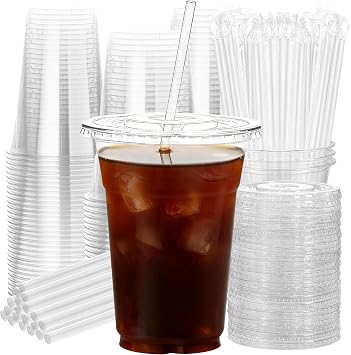 16oz Clear Plastic Cups with Lids and Straws - 50 Set Cold Drinking Disposable Cups for Iced Coffee, Bubble Tea, Smoothie, Parties, Picnic - BPA Free & Leak-Proof