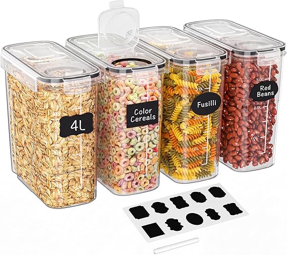Storivo 4x4L Cereal Storage Containers with Airtight Lids BPA-Free Set | Food Storage Containers With Lids, BPA-Free Plastic, Airtight Seal, For Dry Food, Kitchen Storage & Organisation