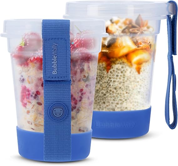 BubbleWally JoyPlus Gecelik Yulaf Kapları Kapaklı (2 Parçalı Set Vidalı Kapak) - 463 ml Kapaklı Gece Yulaf Kavanozları, Yulaf Ezmesi, Tahıl, Yoğurt, Chia Pudingi için Hava Geçirmez Kapaklı Plastik Gıda Saklama