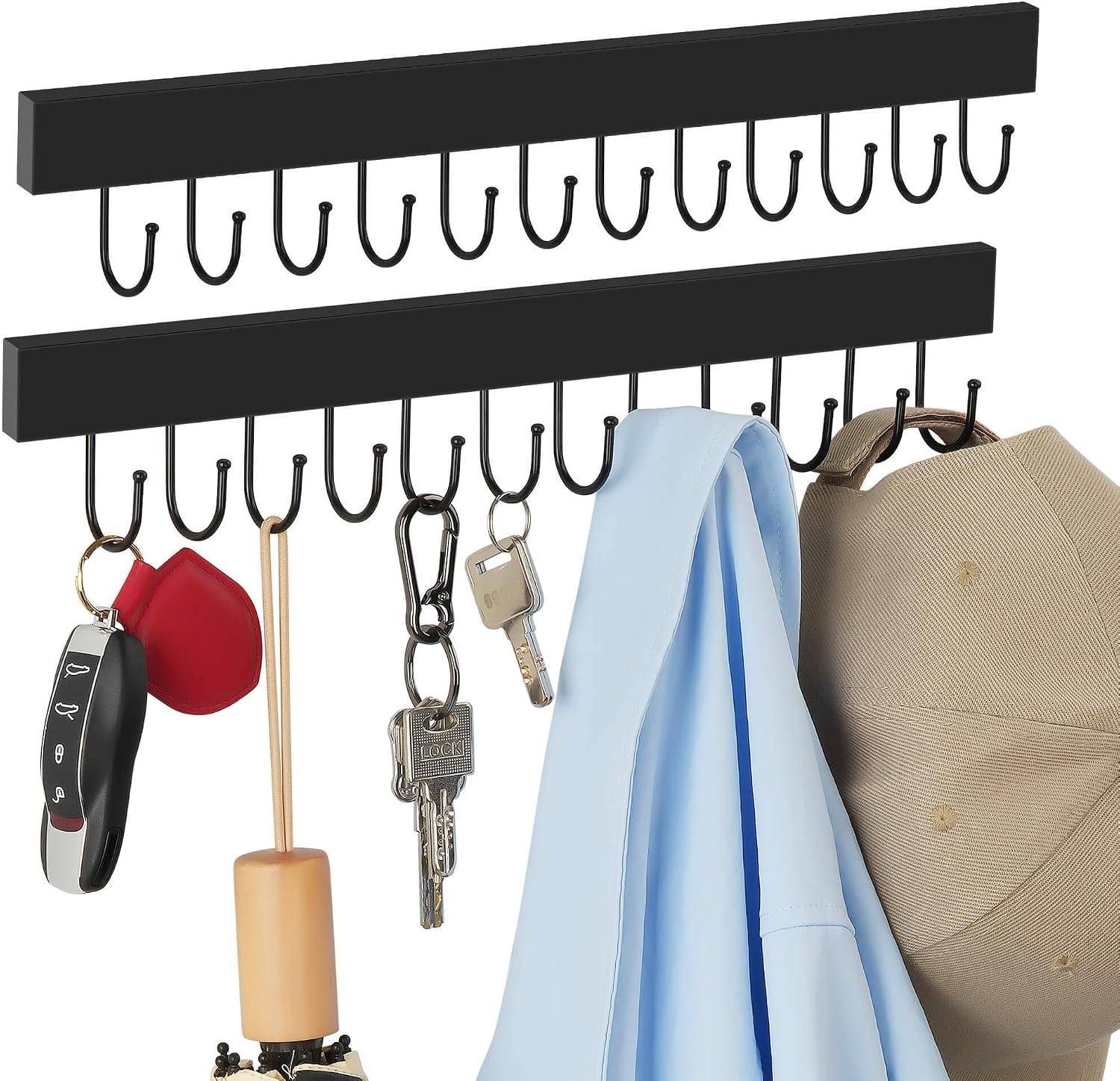 ZEDODIER Key Holder Wall Mount, 2 Pack Key Hanger with 24 Adjustable Hooks for Wall,Wooden Key Rack Decor for Entryway Front Door Kitchen Hallway Garage Mudroom, Black