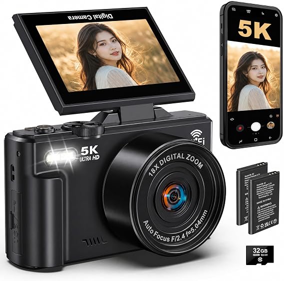 5K Digital Camera for Photography - 75MP WiFi Vlogging Camera for YouTube - UHD 18X Zoom Digital Cameras with Flip Screen 3" 180° - Travel Flash Camara