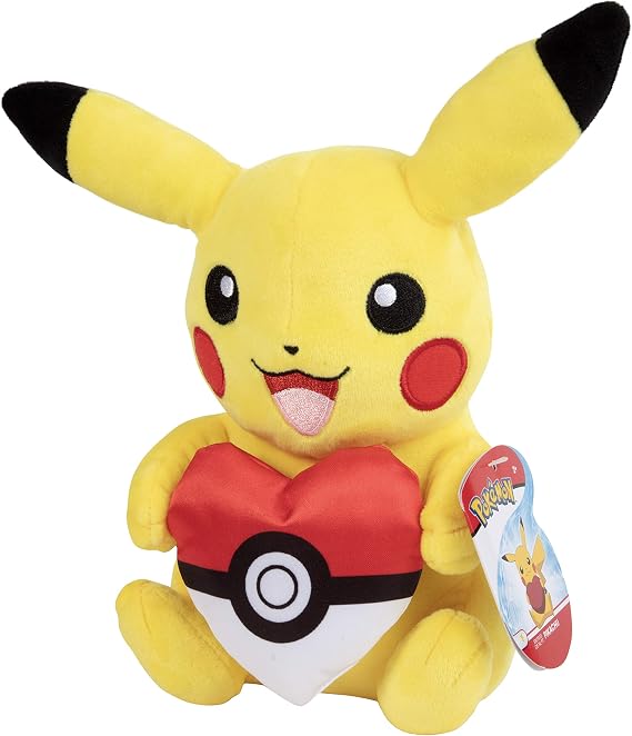 Pokemon 8" Pikachu Valentine's Day Plush with Heart Poke Ball - Officially Licensed - Authentic Soft Stuffed Animal Toy Pokeball Figure - Gift for Kids, Boys, Girls - 2+