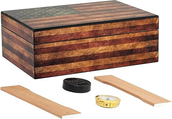 Humidor Supreme Old Glory Humidor with Weathered American Flag Design | Desktop Cigar Storage for 25-50 Cigars | Spanish Cedar-Lined Cigar Box with Divider, Humidifier & Glass Hygrometer for Freshness