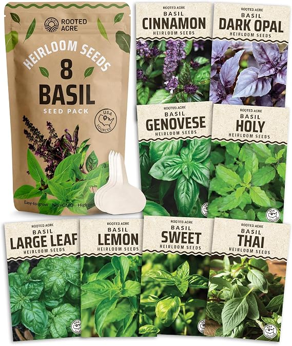 Rooted Acre 8 Basil Herb Seeds Pack 4,000+ NON-GMO USA Heirloom Seeds Genovese, Thai, Lemon, Holy Tulsi & More High Germination Culinary Basil Seeds for Indoor & Outdoor Planting