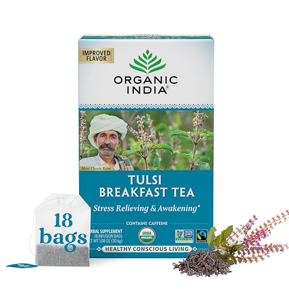 ORGANIC INDIA Tulsi Breakfast Herbal Tea, Vegan, 18 Infusion Bags, 1 Pack