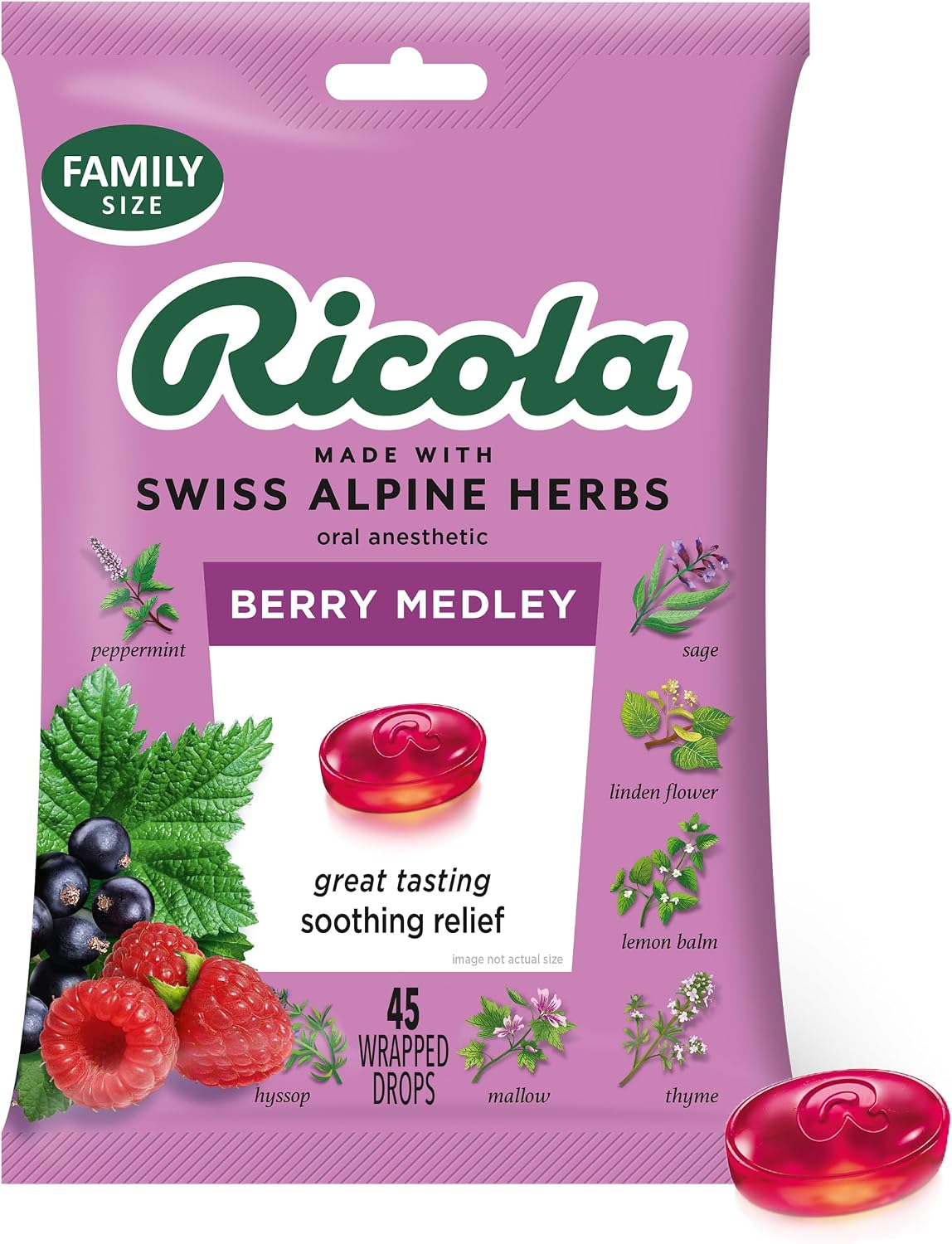 Ricola Berry Medley Throat Drops, 45 Count, Delicious Throat Relief & Care, Oral Anesthetic, Naturally Flavored