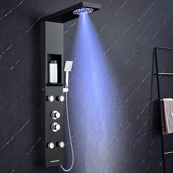 Tower Shower Panel with Mixer and Shelf, 5-Mode Shower Column LED Rain & Mist Shower, 4 Wide Angle Adjustable Massage Jets, Handset and Waterfall Bath Spout, Stainless Steel Black