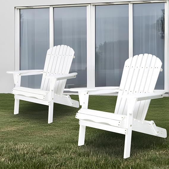 Solid Wood Folding Adirondack Chair Set of 2 - Heavy Duty Outdoor Wooden Lounge Patio Chair with Pre-Assembled BackRest for Garden, Lawn, Backyard, Porch, Pool, Deck