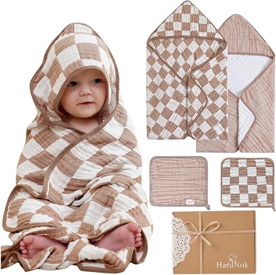 Muslin Baby Bath Towels Set Organic Cotton Blend (Coffee Check)