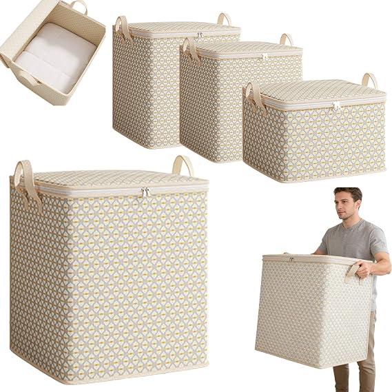 Fabric Storage Boxes with Lids,1 Pcs Large Storage Bags with Side Handles,Heavy-Duty Storages Tote,Clothing Bedding Linen Organizer ,Bedroom Closet Living Room Laundry Clothes Bins (White, 220L)