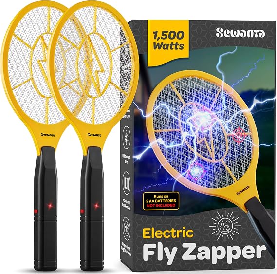 Electric Fly Swatter [Set of 2] Handheld Bug Zapper Racket for Indoor/Outdoor - Powerfull 1500 Volt Instant Flies/Bug & Mosquito - Portable Fly Zapper Battery Operated (AA Batteries not Included)