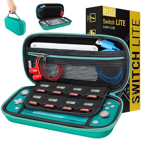 Orzly Turquoise Carry Case for Switch Lite - Portable Travel Case with Game Storage & Accessories - Gift Box Edition