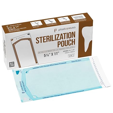 1000 5.25 x 10 Self Sealing Sterilization Pouches - Autoclave Sterilizer Bag Pouch for Sterilizing Dental Medical Instruments and Cleaning Tools - Latex-Free, Color Changing Indicator by PlastCare USA
