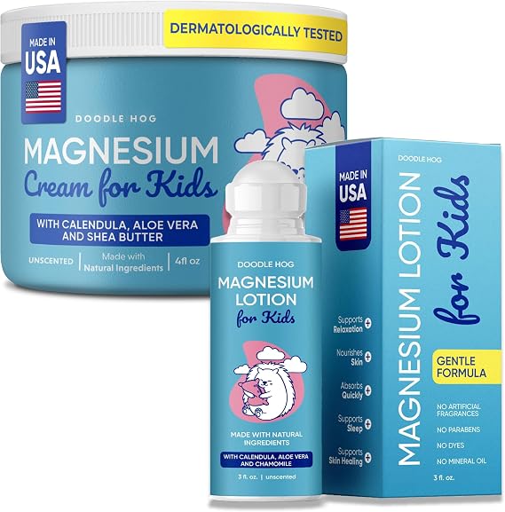 DOODLE HOG Magnesium Lotion for Kids Bundle - Unscented Cream and Lotion with Calendula, Aloe Vera, Shea Butter, Chamomile - Topical Magnesium Cream for Sleep - USA Made