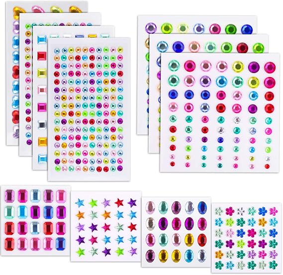 Self Adhesive Rhinestones, Cridoz 735Pcs Craft Gems Self Adhesive Jewels Stickers Crystal Jewels and Gems for Crafts (12 Sheets Assorted Shapes and Sizes)