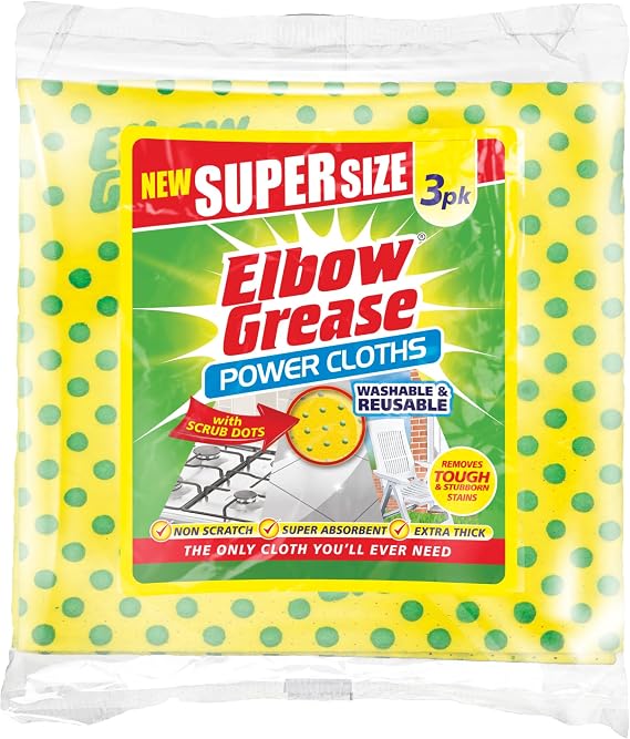 Elbow Grease Super Size Power Cloths With Scrub Dots | Washable & Reusable - Non-Scratch, Super Absorbent, Extra Thick Cleaning Cloth Wipes | Removes Tough & Stubborn Stains (Yellow, 3 Pack)