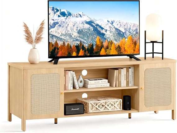 KISLOT Rattan TV Stand for TVs up to 75'' Boho Entertainment Center with Adjustable Shelf Television Stand with 2 Storage Cabinets Media Console Wooden TV Cabinet for Living Room Bedroom,Natural Oak