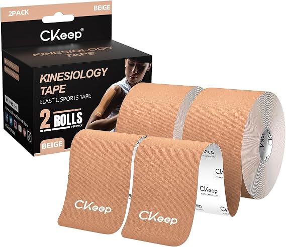 CKeep Kinesiology Tape, Uncut Premium Elastic Athletic Tape 2 Rolls, Beige | Original Cotton Latex Free Kinetic Tape, Breathable & Waterproof Sports Tape for Muscle and Joint Support, 2inch x 16ft