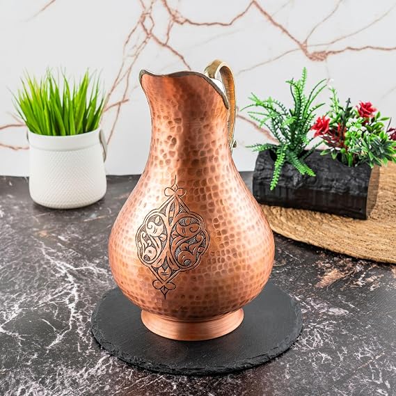 El Yapımı Bakır Sürahi, Osmanlı Motifli, Pirinç Kulplu, 1800 ml, El Dövmesi, Gaziantep Üretimi, Geleneksel Tasarım