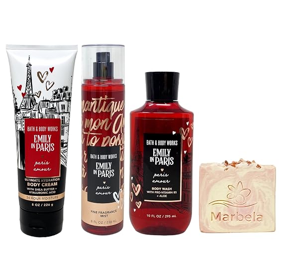 Bath & Body Works Emily In Paris - Paris Amour Trio Gift Set - Body Cream, Fragrance Mist and Body Wash with a Himalayan Salts Springs Bar Soap - Full Size