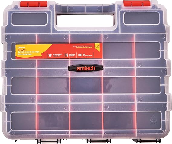 Amtech S6463 Double-Sided Storage Organiser Screw, Assortment Box for Hardware, 34 Adjustable Compartments, Durable Plastic Construction, 32 x 26 x 8cm