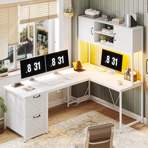 SEDETA Farmhouse White L Shaped Office Desk with Drawers, Storage Shelves