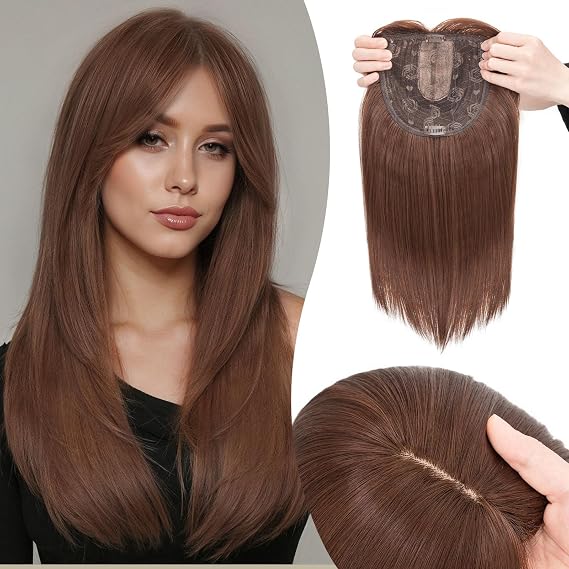Benehair 14 Inch Hair Toppers for Women - 6"x6" Lace Base Clip in Synthetic Hairpieces Wiglets with Fringe - Thinning Hair Topper for Daily Use/Cosplay - 120g Medium Brown