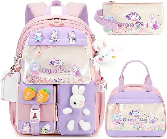 Backpack for Girls Cute Bookbag Set with Lunch Box Pencil Case Kawaii Bunny School Backpacks for Girl 3 Pcs Kindergarten Elementary Preschool Middle Sequin School Bag for Girls (Pink)