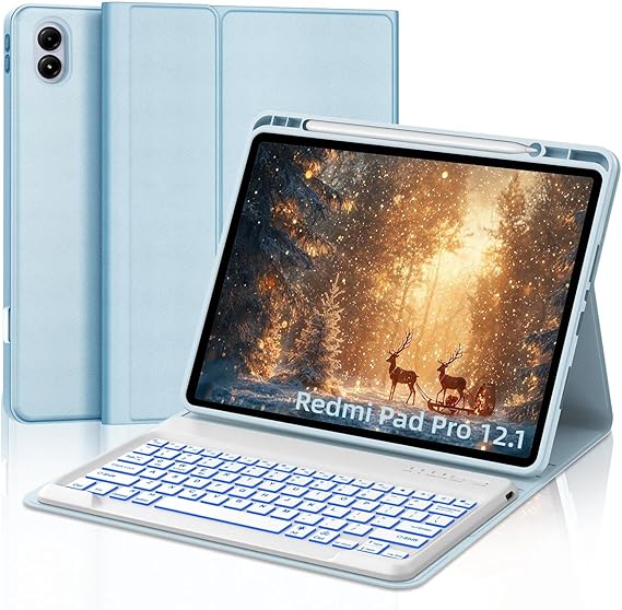 IVEOPPE Keyboard Case for Xiaomi Redmi Pad Pro 12.1 Inch 2024/Xiaomi Poco Pad 12.1", 7 Colors Backlit, Detachable Bluetooth Wireless Keyboard Slim PU Stand Cover with Pencil Holder,Light Blue