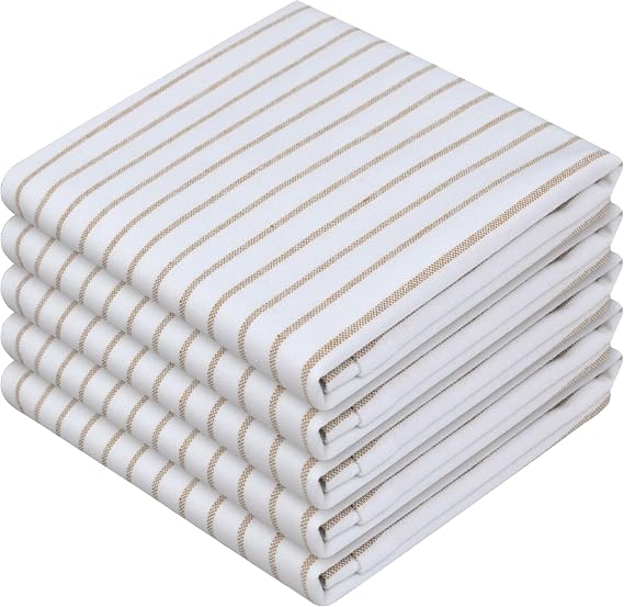 Beige Stripe Kitchen Towels, 5 Pack, 100% Cotton, Super Absorbent and Quick Dry, Classic Striped Towel Set, Durable Dish Cloths for Kitchen Use, Cleaning & Drying Dishes
