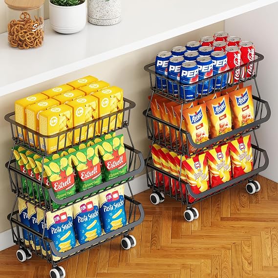 3-Tier Rolling Pantry Cart with Wheels, Stackable Wire Storage Floor Organizer for Kitchen Pantry Snack Shelves, Fruit Basket Stand, Vegetable Storage Rack for Food Snacks Onion Potato, Black, 2 Pack