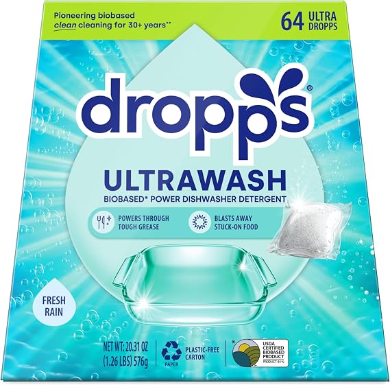 Dropps UltraWash Dishwasher Pods, Fresh Rain (64 Count) - Biobased Power Deep Clean Dishwasher Detergent Tablets for Sparkling Shiny Dishes - No Rinse Aid or Pre-Wash Needed - Dishwashing Pods