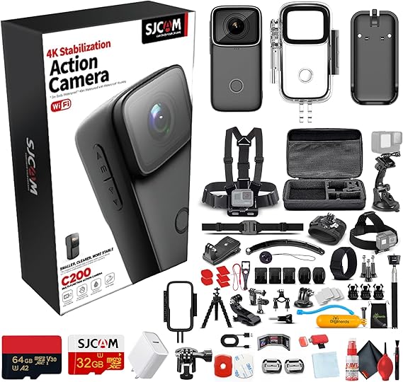 SJCAM C200 4K Mini Action Camera | Compact Waterproof Sports Cam with Image Stabilization & Wearable Vlogging Design (C200B) + 50-in-1 Action Accessory Kit + 64GB Card + USB-C Adapter + More