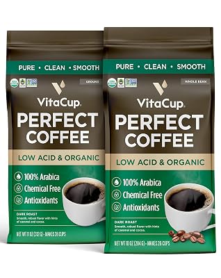 VitaCup Perfect Low Acid Coffee Beans, 11oz & Perfect Low Acid Ground Coffee, 11 oz Bundle | Dark Roast, USDA Organic & Fair Trade, Mycotoxin Free, Single Origin